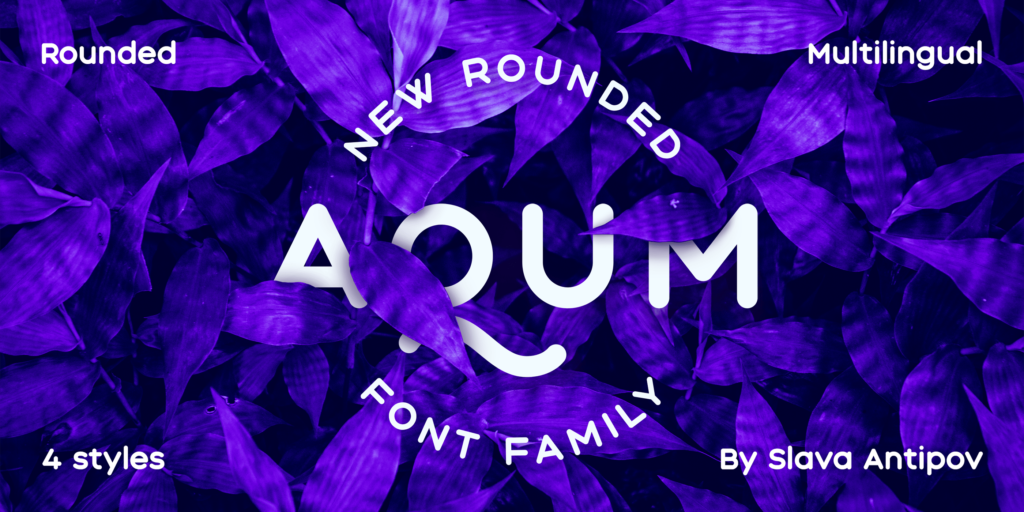 Presentation of the characteristics of the Aqum font with purple leaves in the background