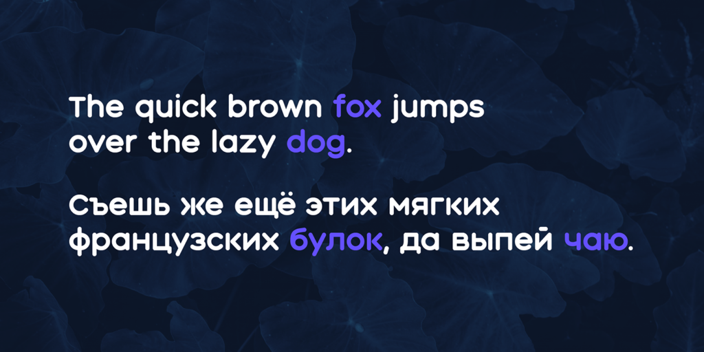 Sentence "The quick brown fox jumps over the lazy dog" written in English and Russian with the font Aqum