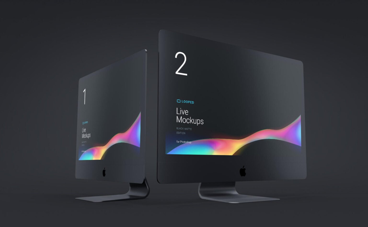 Two iMac mockups in a black clay style