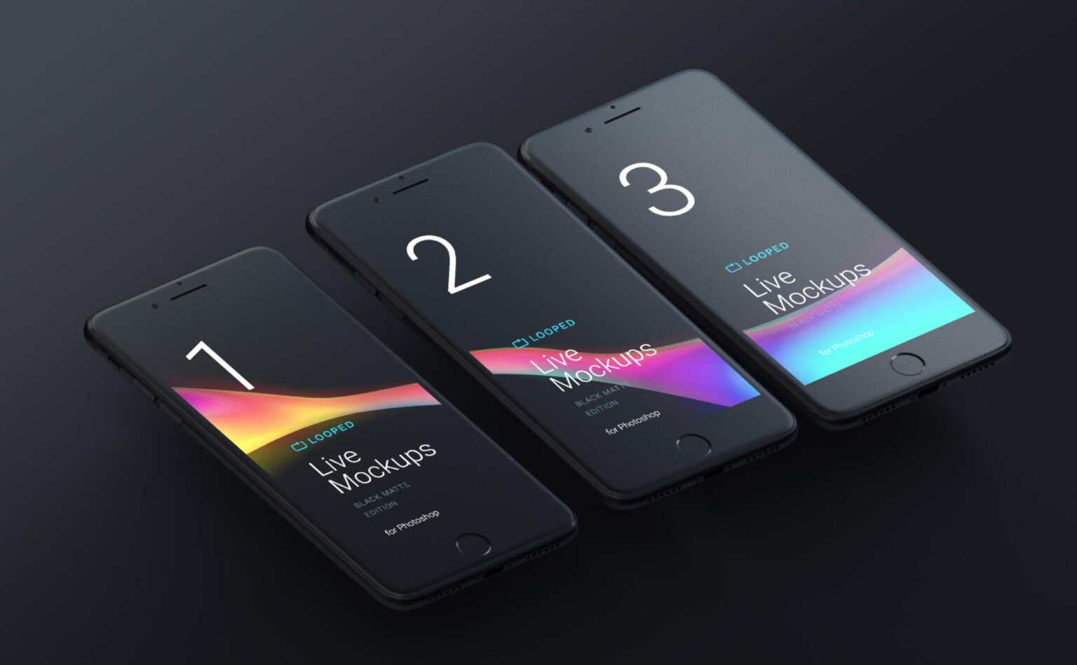 Three iPhone mockups in a black clay style