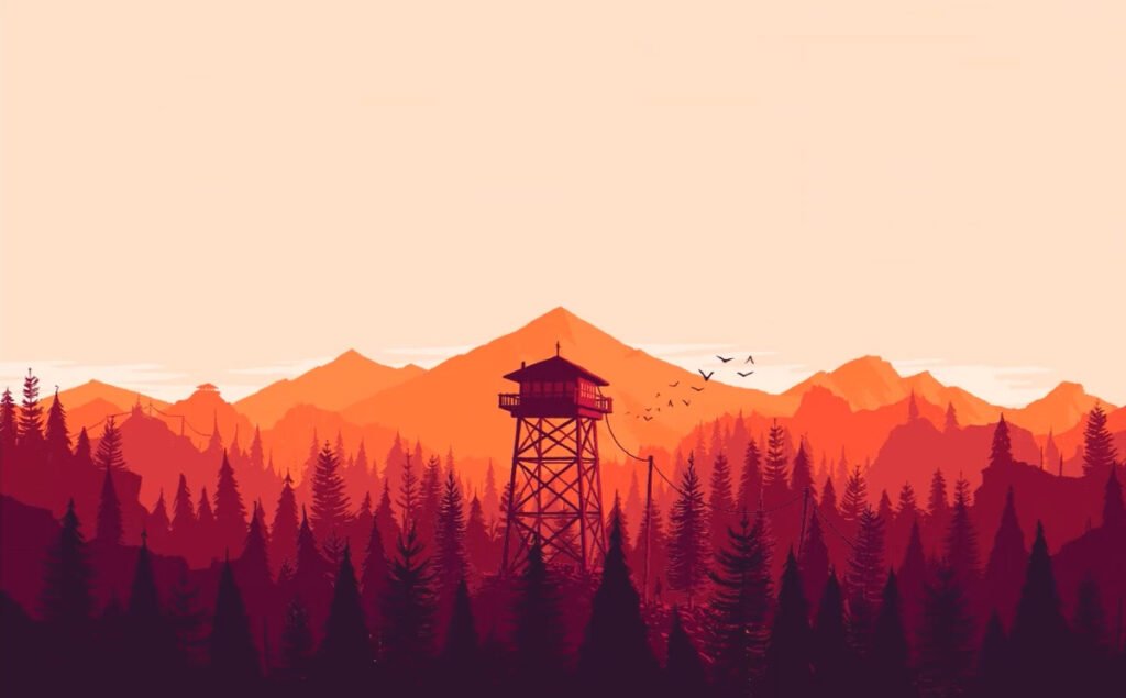 Montage of watchtower with parallax effect in a forest with mountains in background and birds flying away