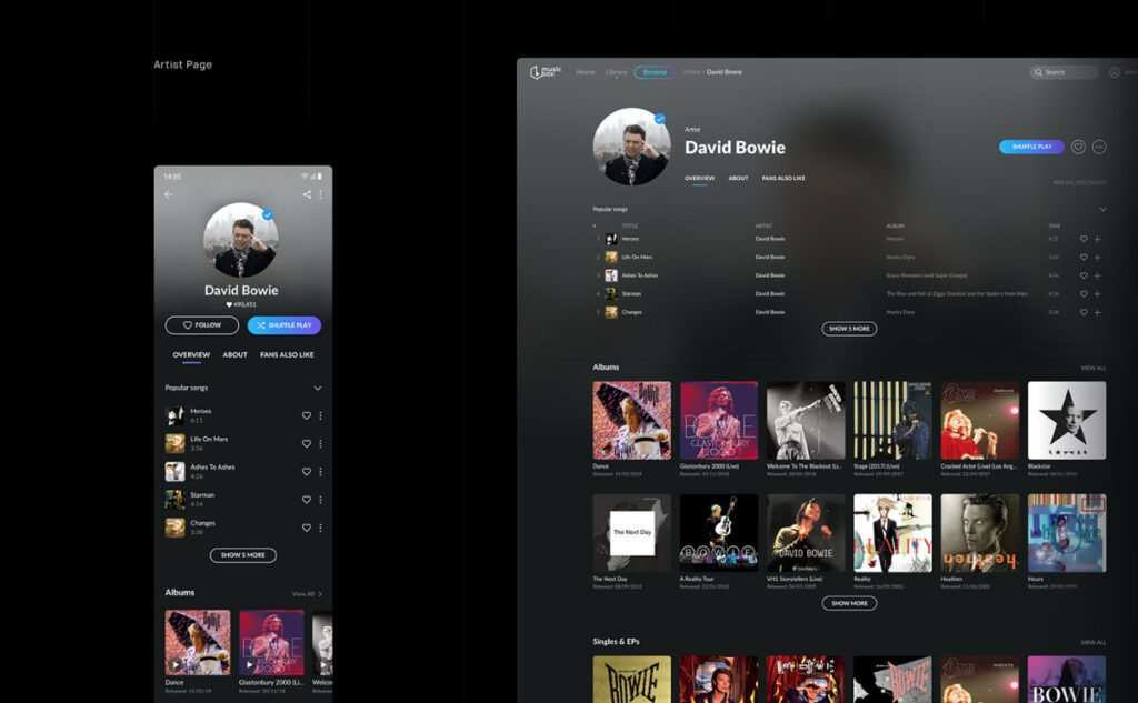 Artist page mockups for desktop and smartphone