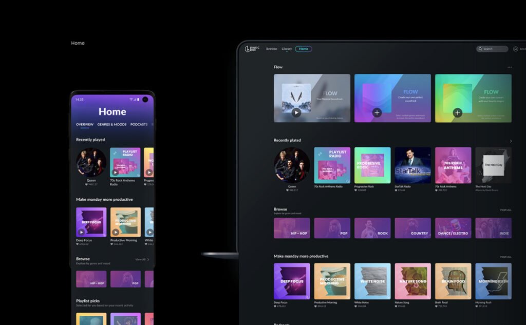 Mockups of home interface of a music application for desktop and smartphone