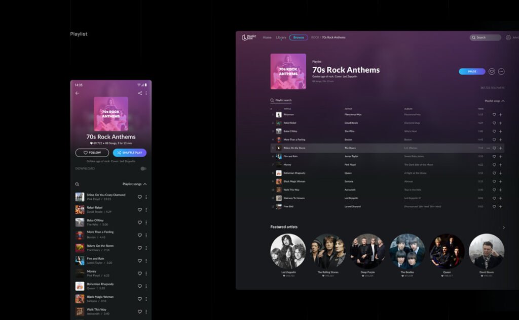 Mockups of playlist interfaces of a music application for desktop and smartphone