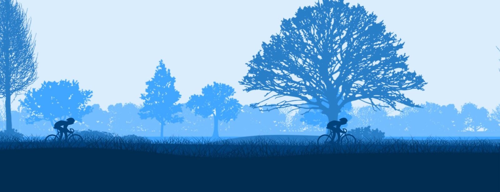 Parallax effect with an animation of cyclists riding along a road with blue grass and trees