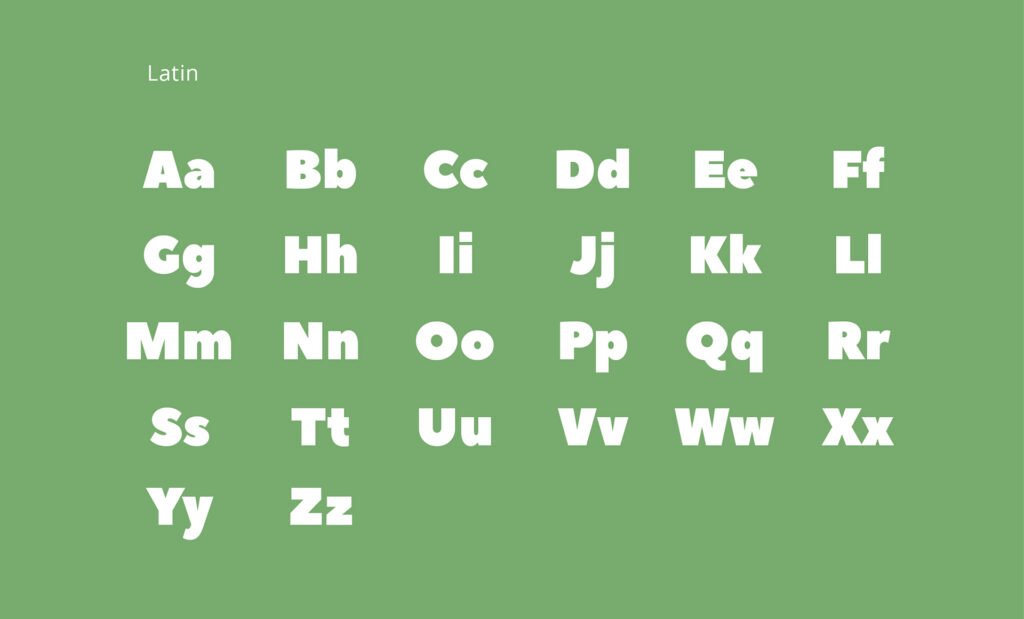 Presentation of the Latin characters of Peace Sans Font with the Latin alphabet