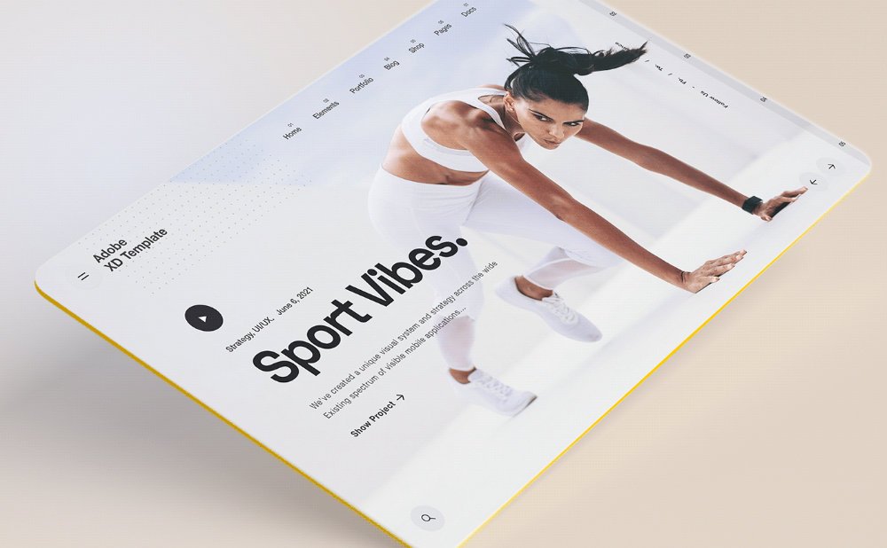 Mockup of sports app on tablet with a woman doing gym