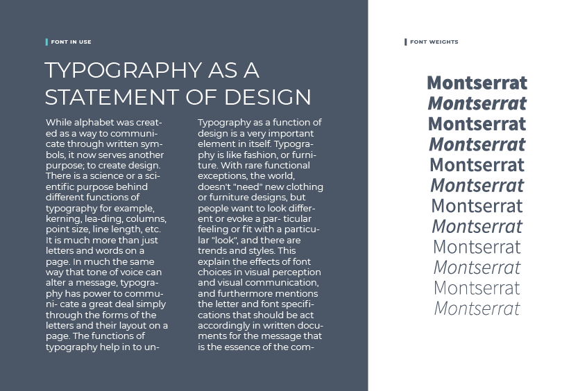 Text extract with Montserrat font and overview of the different weights of the font and italic styles