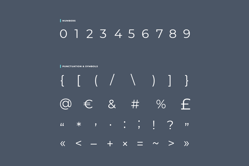 Overview of numbers, punctuation and symbols of the Montserrat font