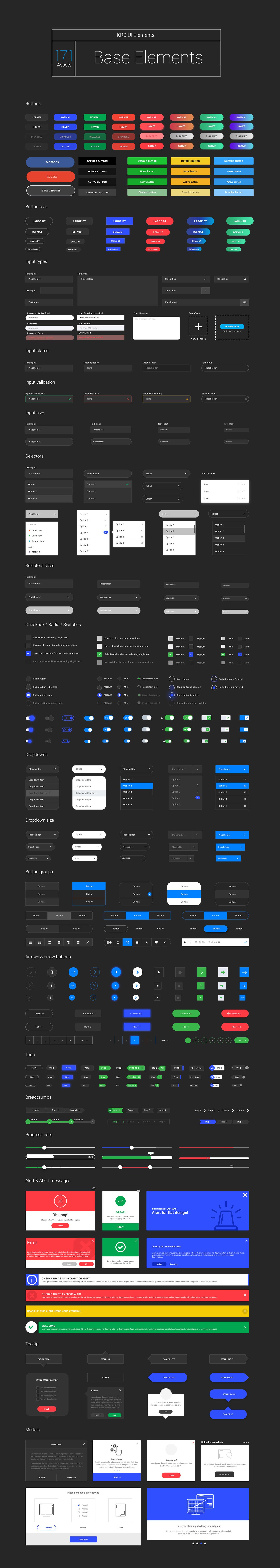 Basic assets with buttons, inputs, selectors, checkbox, radio, switches, dropdown, alert, tooltips and modals.