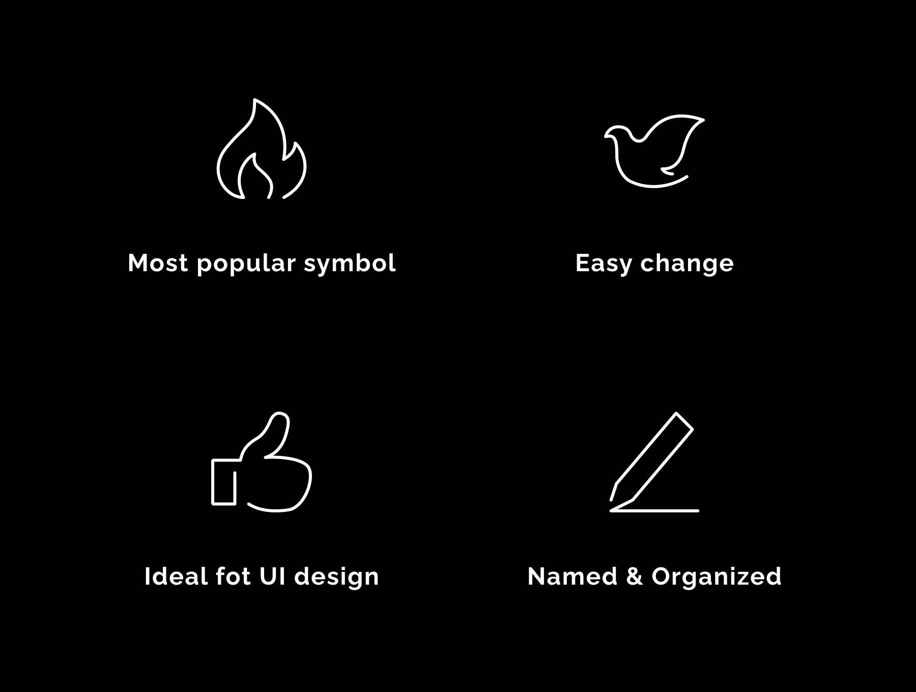 Unoline advantages that says 'Most popular symbol', 'Easy change', 'Ideal for UI design' and 'Named & Organized'