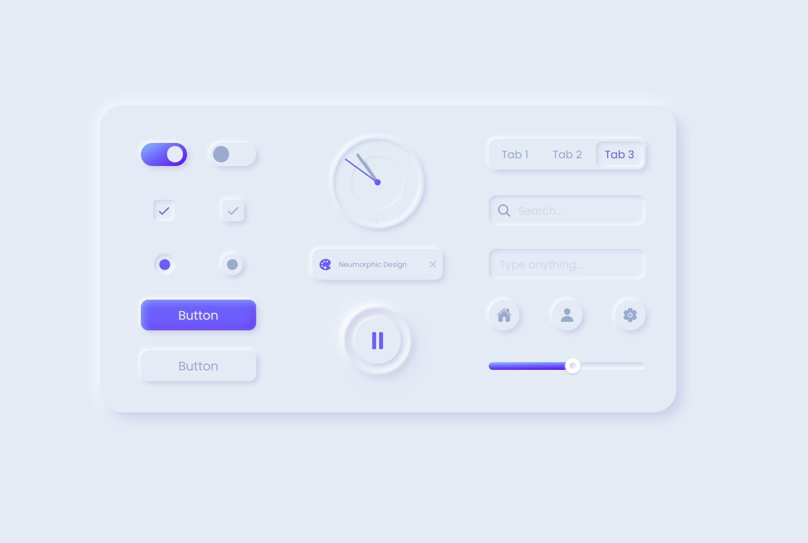 Animated neuromorphic elements with toggles, checkboxes, radio buttons, clock, play/pause button, tabs, search bar, text input, and range slider