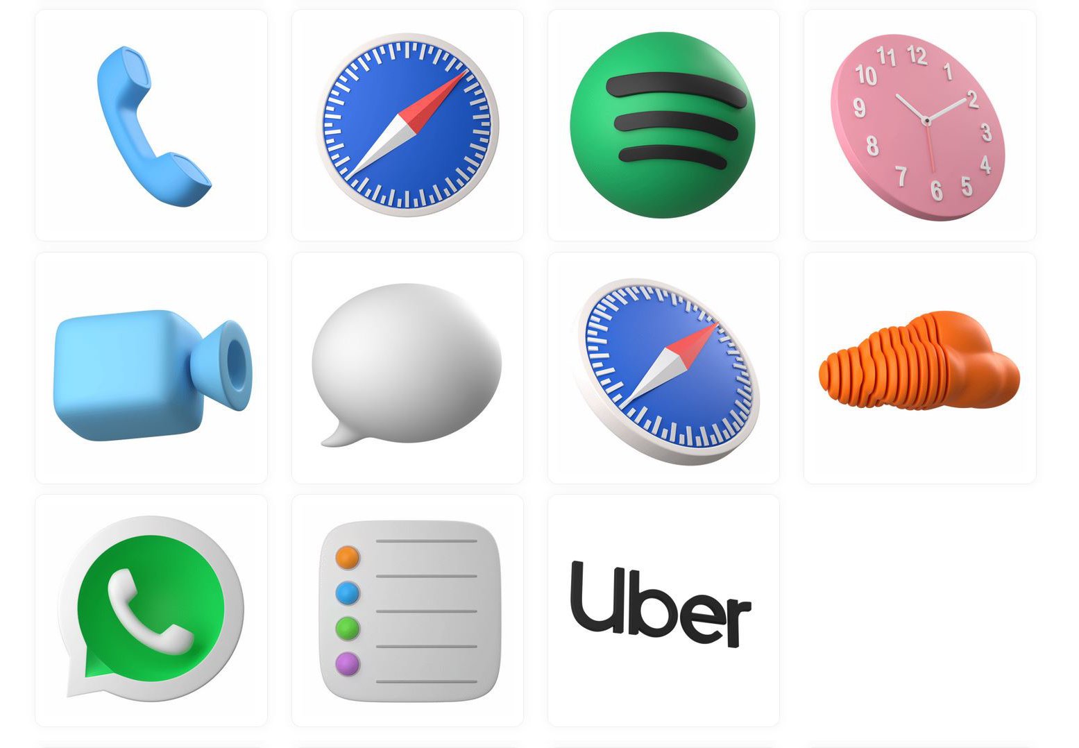 3D icons for Phone, Safari, Clock, Chat, SoundCloud, WhatsApp, Tasks and Uber