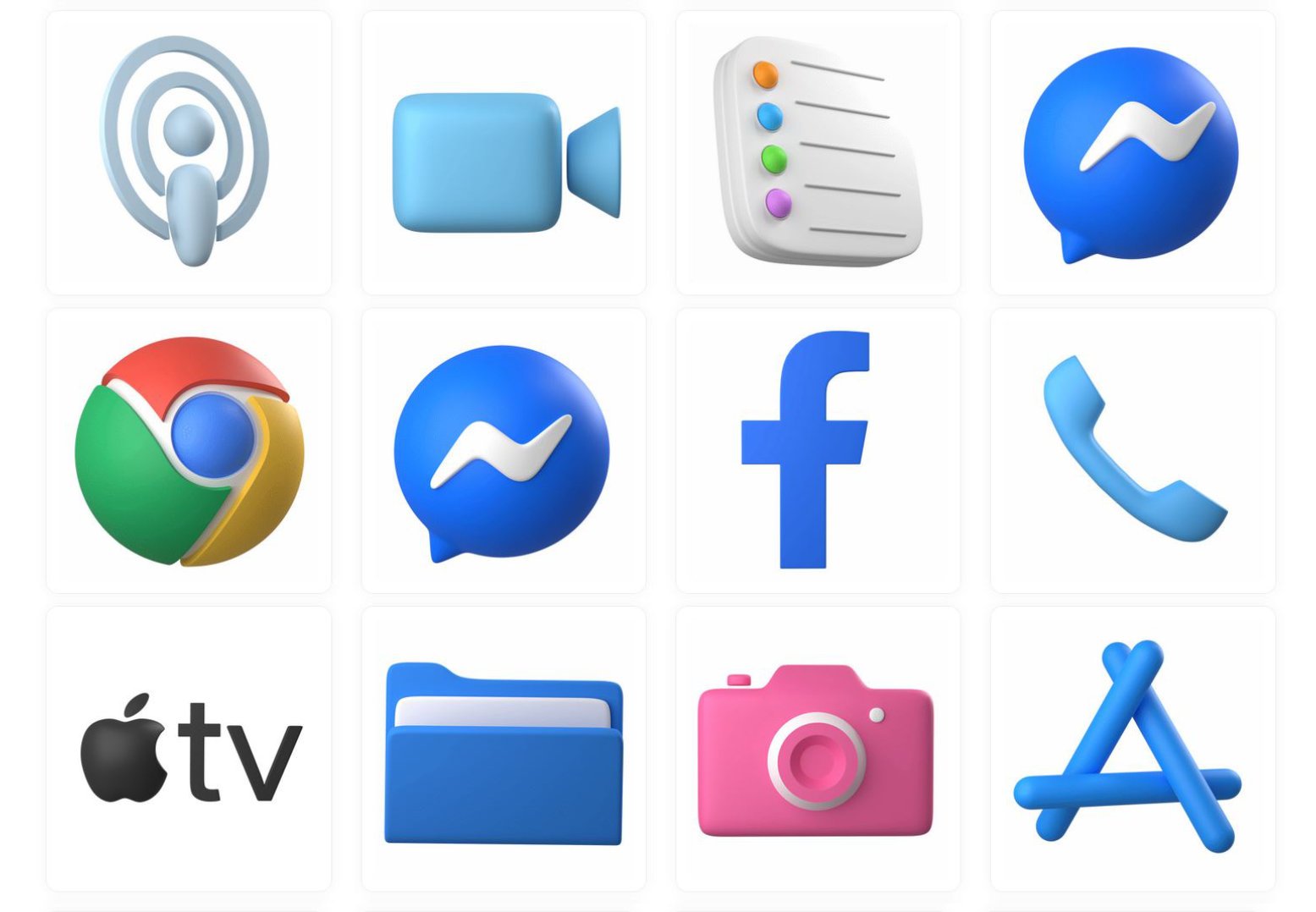 3D icons for Video, Tasks, Messenger, Chrome, Facebook, Apple TV, Phone, Folders, Camera, App Store