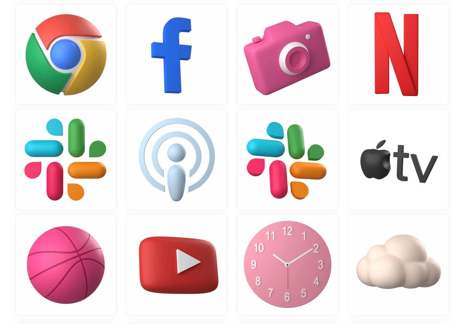 3D icons of Google Chrome, Facebook, Camera, Netflix, Slack, Apple TV, Dribbble, YouTube, Clock and Cloud.